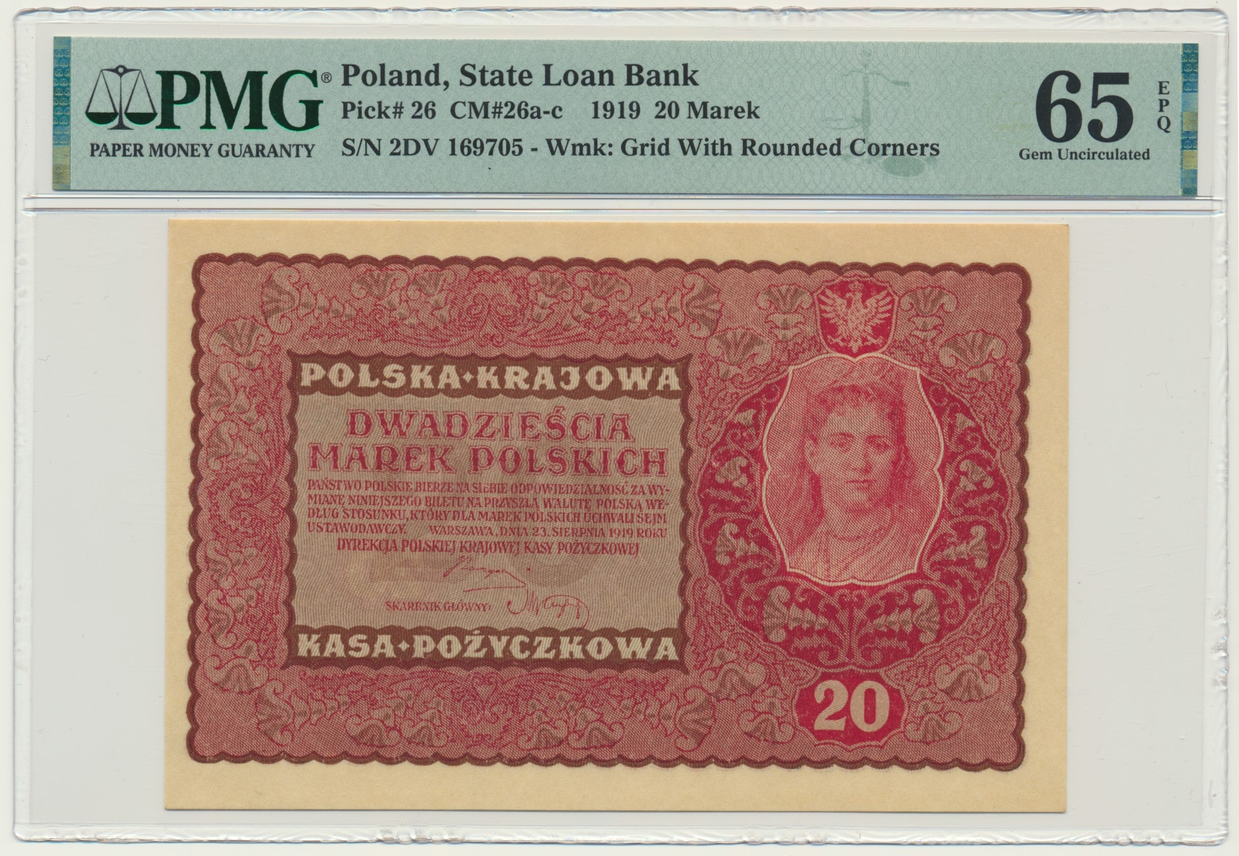 Banknot 20 marek 1919 – II Serja DV – PMG 65 EPQ