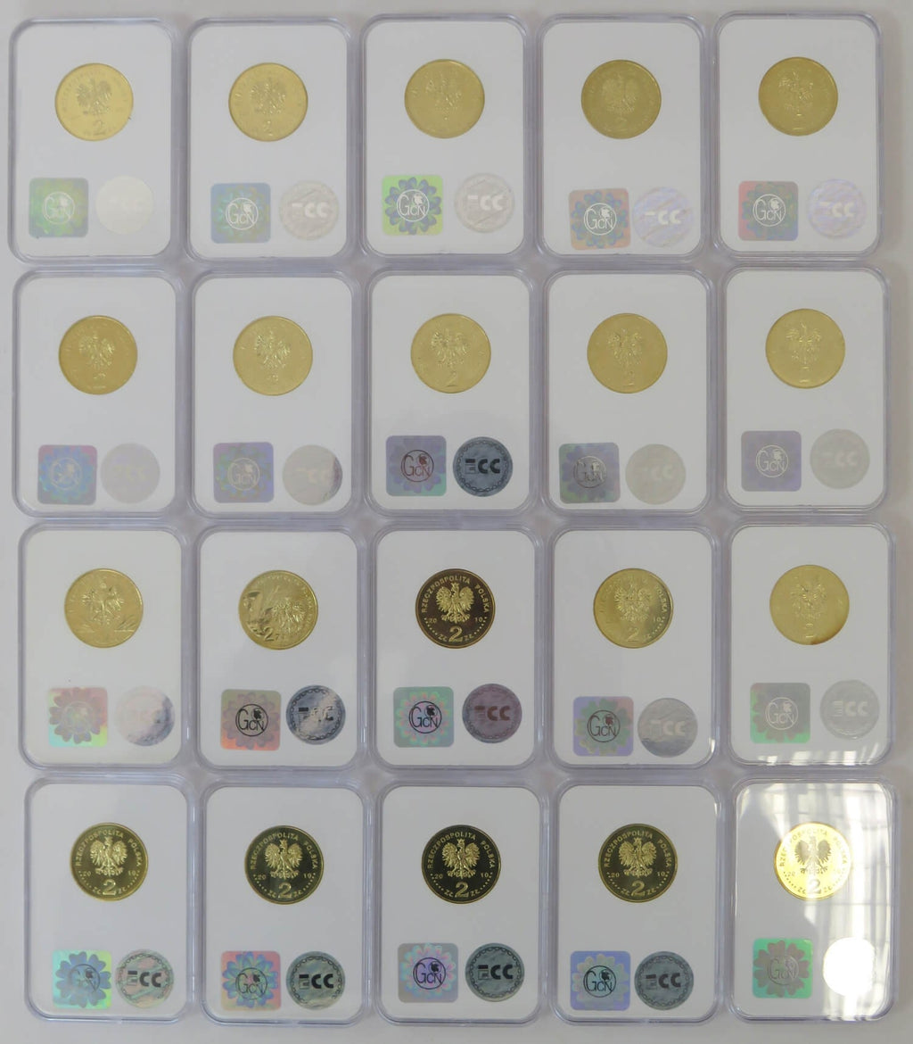 Pełny komplet 20 monet 2 zł GN rocznik 2010, grading GCN MS65-MS66, mennicze